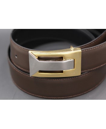 Reversible belt in black and brown leather, gold and nickel case - brown side - detail