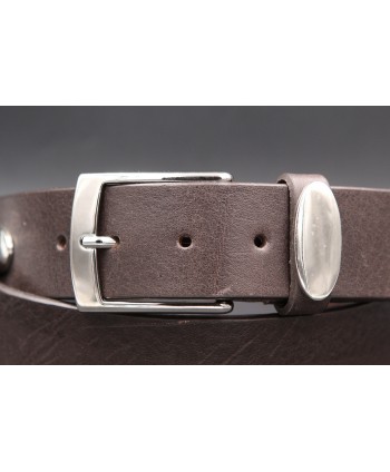 Dark brown large cowhide leather belt - buckle detail