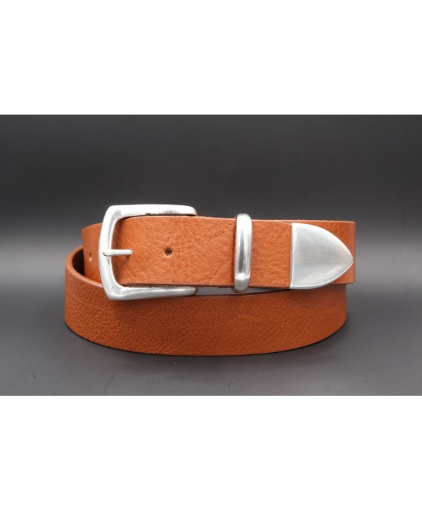 Cognac large soft leather belt and metal tip