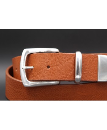 Cognac large soft leather belt and metal tip - buckle detail