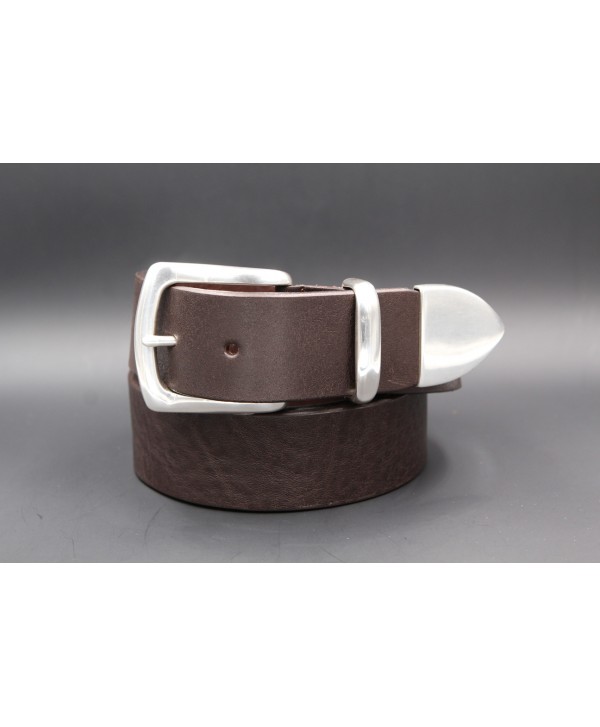 Dark brown large soft leather belt and metal tip