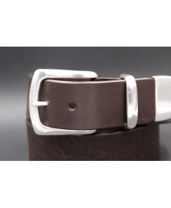 Dark brown large soft leather belt and metal tip - buckle detail