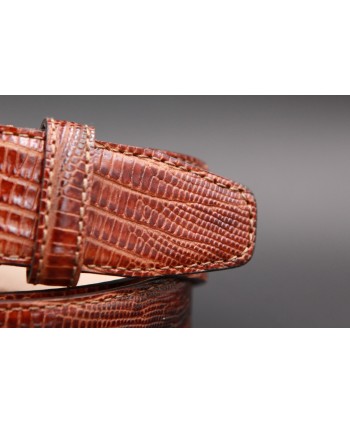 Lizard-style brown leather belt - detail