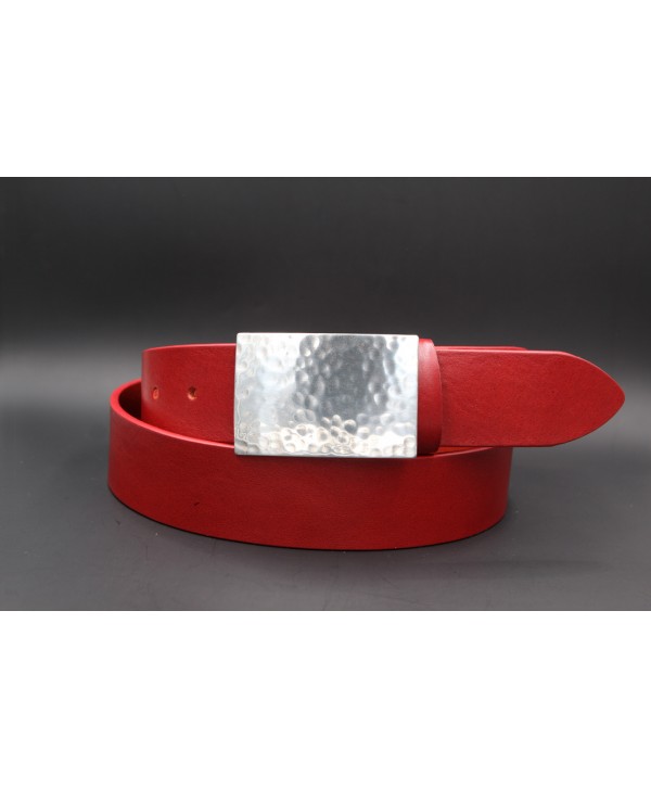 Red large leather belt with hammered metal buckle