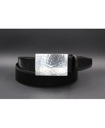 Black large leather belt with hammered metal buckle