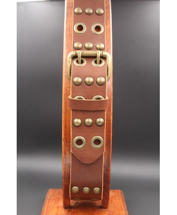 Brown large western leather belt double barb with rivets and studs - buckle detail