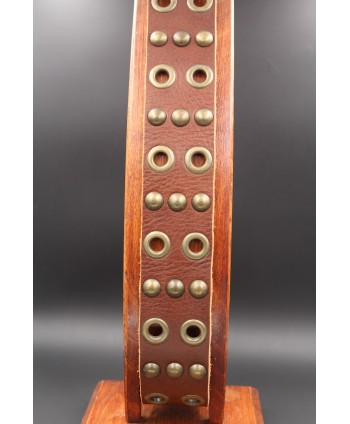 Brown large western leather belt double barb with rivets and studs - detail