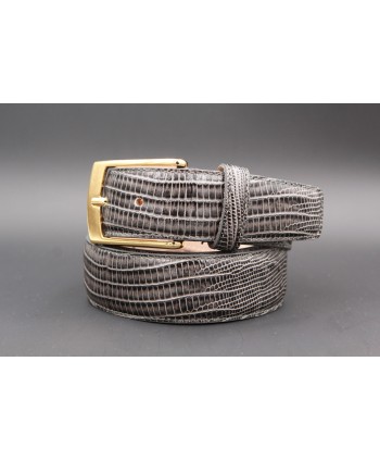 Lizard-style grey leather belt - golden buckle