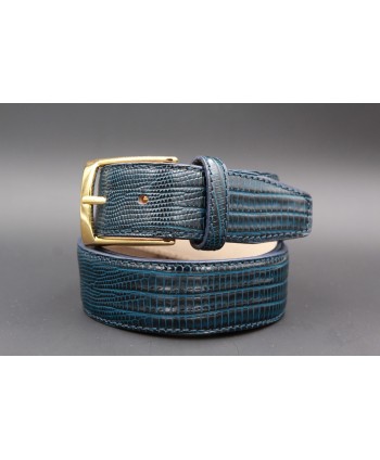 Lizard-style navy leather belt - golden buckle