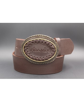 Large brown leather belt - Oval leather buckle piramide and golden edge