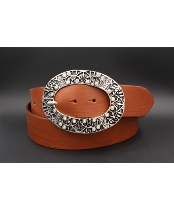 Large cognac leather belt - Oval nickel and rhinestone buckle