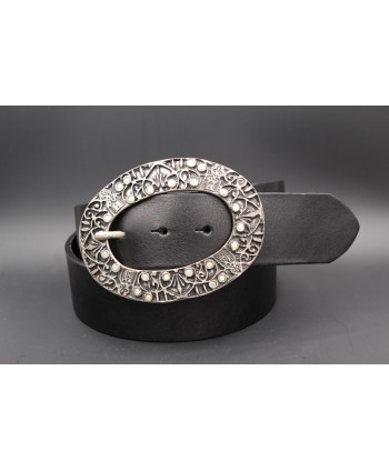 Large black leather belt - Oval nickel and rhinestone buckle