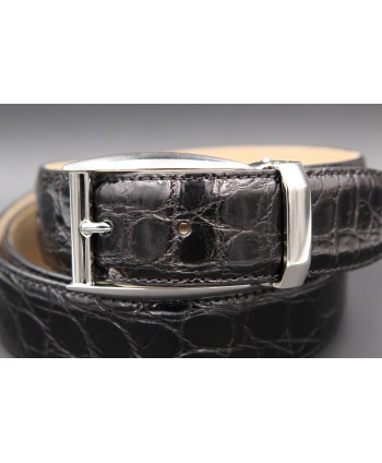 Black alligator skin belt - nickel buckle - buckle detail