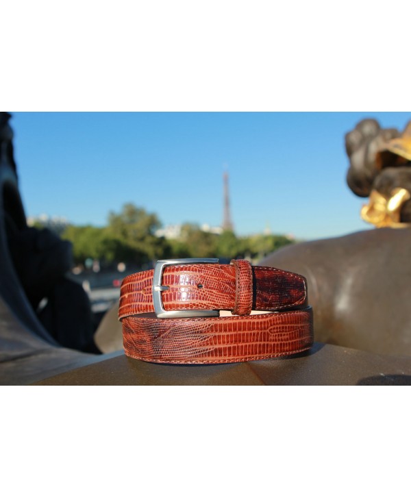 Lizard-style brown leather belt - nickel buckle - natural lighting