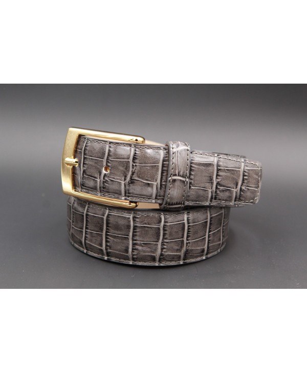 Grey crocodile-style cowhide leather belt - golden buckle