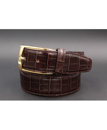Dark brown crocodile-style cowhide leather belt - golden buckle